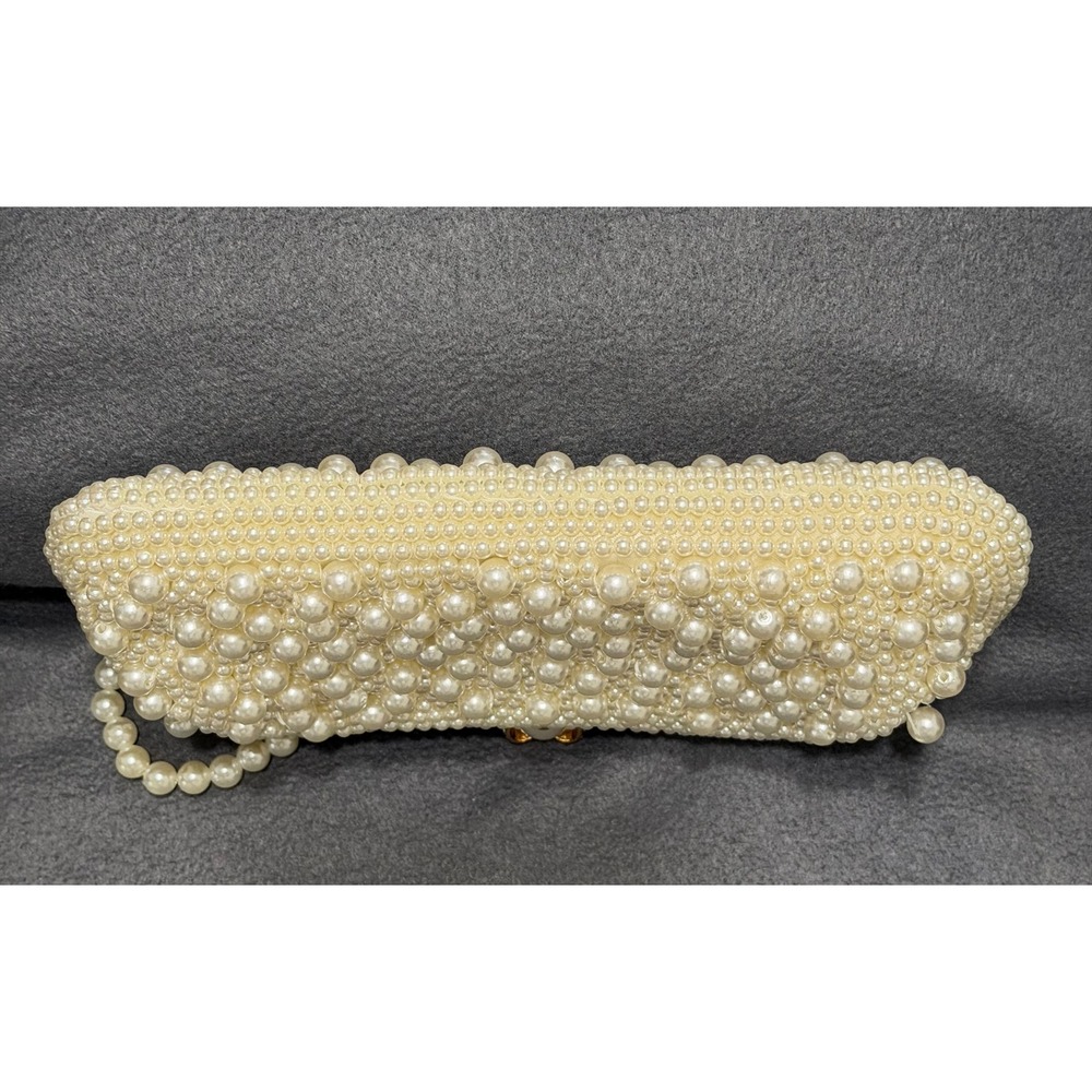Faux Pearl Beaded Evening Clutch Bag Cream White Gold Frame Wedding Bridal Purse - Picture 5 of 8